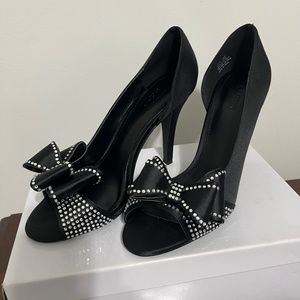 David’s bridal peep toe black satin bow heels